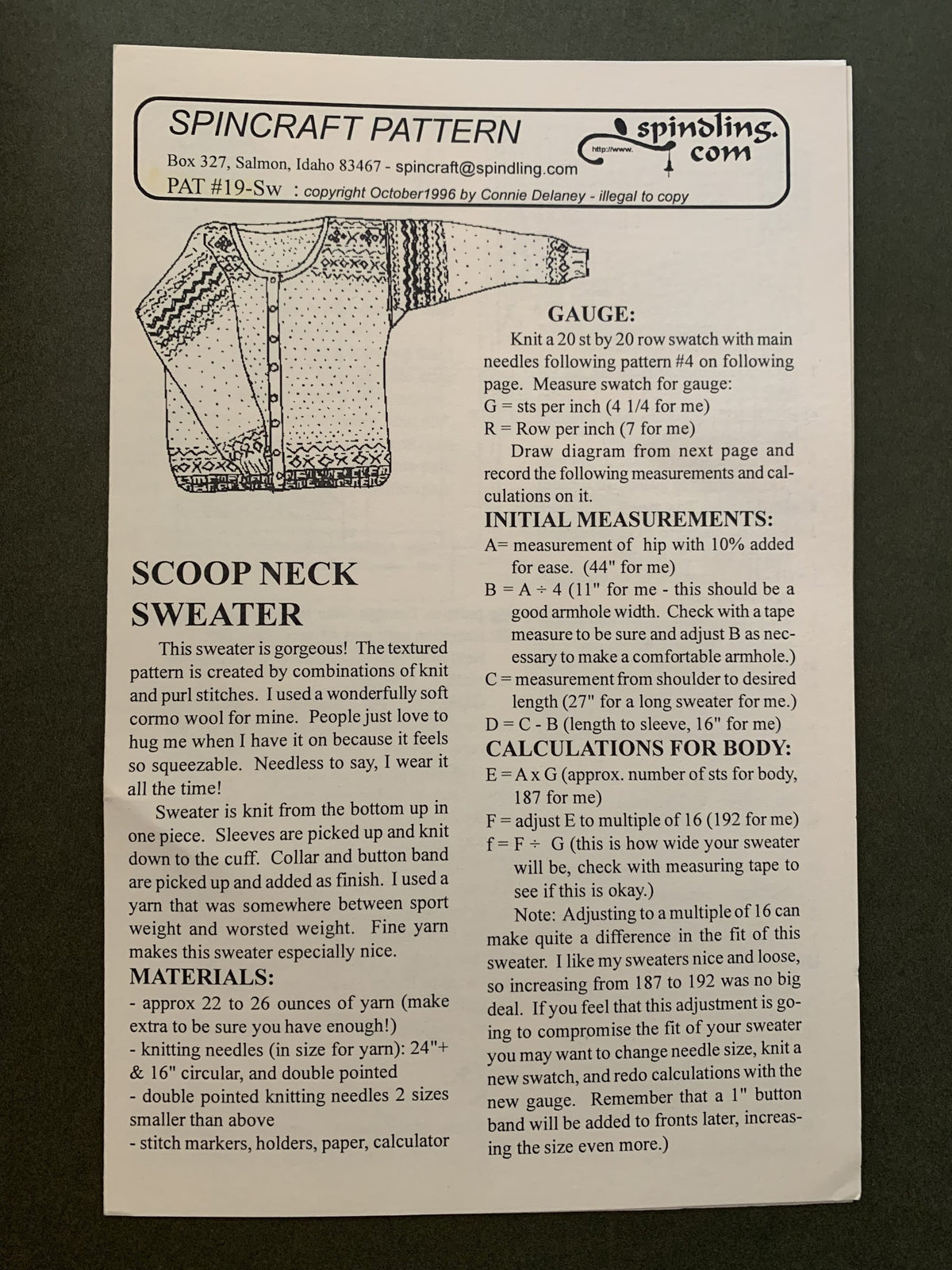 Spincraft Pattern #19-Sw Scoop Neck Sweater knitting pattern - printed pattern cover with materials, gauge and measurements