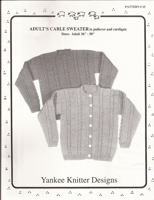Adult's Cable Sweater - Yankee Knitter Designs Pattern #25 by Melinda Goodfellow - Pullover & Cardigan Pattern Only