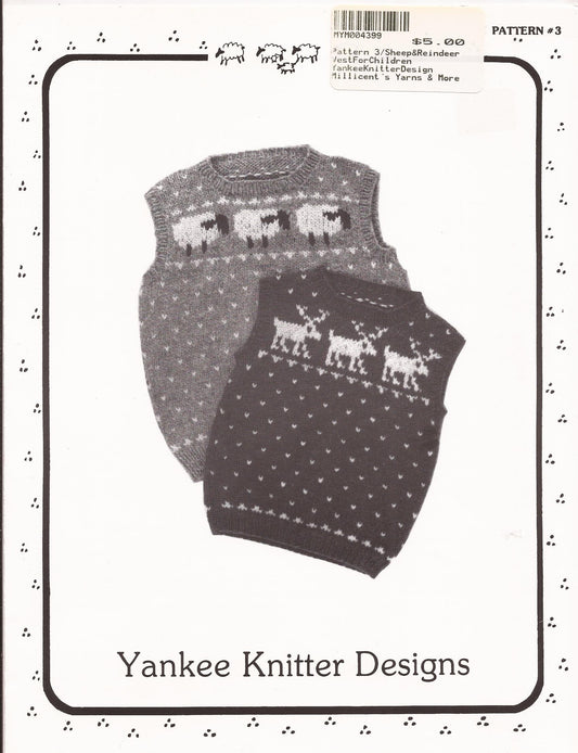 Yankee Knitter Designs Knitting Pattern #3 Child's Sheep & Reindeer Vests