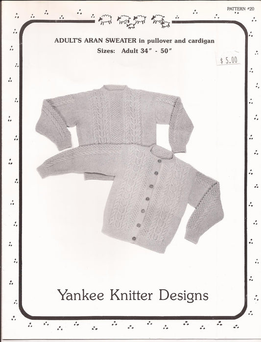Yankee Knitter Designs Knitting Pattern #20 Adult's Aran Sweater Pullover & Cardigan