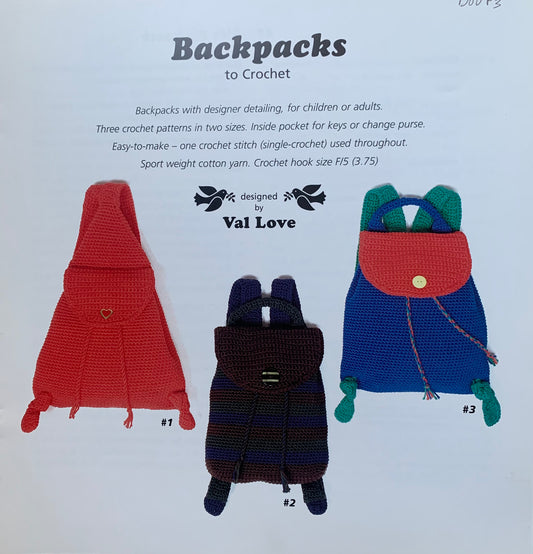 Backpacks to Crochet DovP3 by Val Love, Dovetail Designs - pattern front page