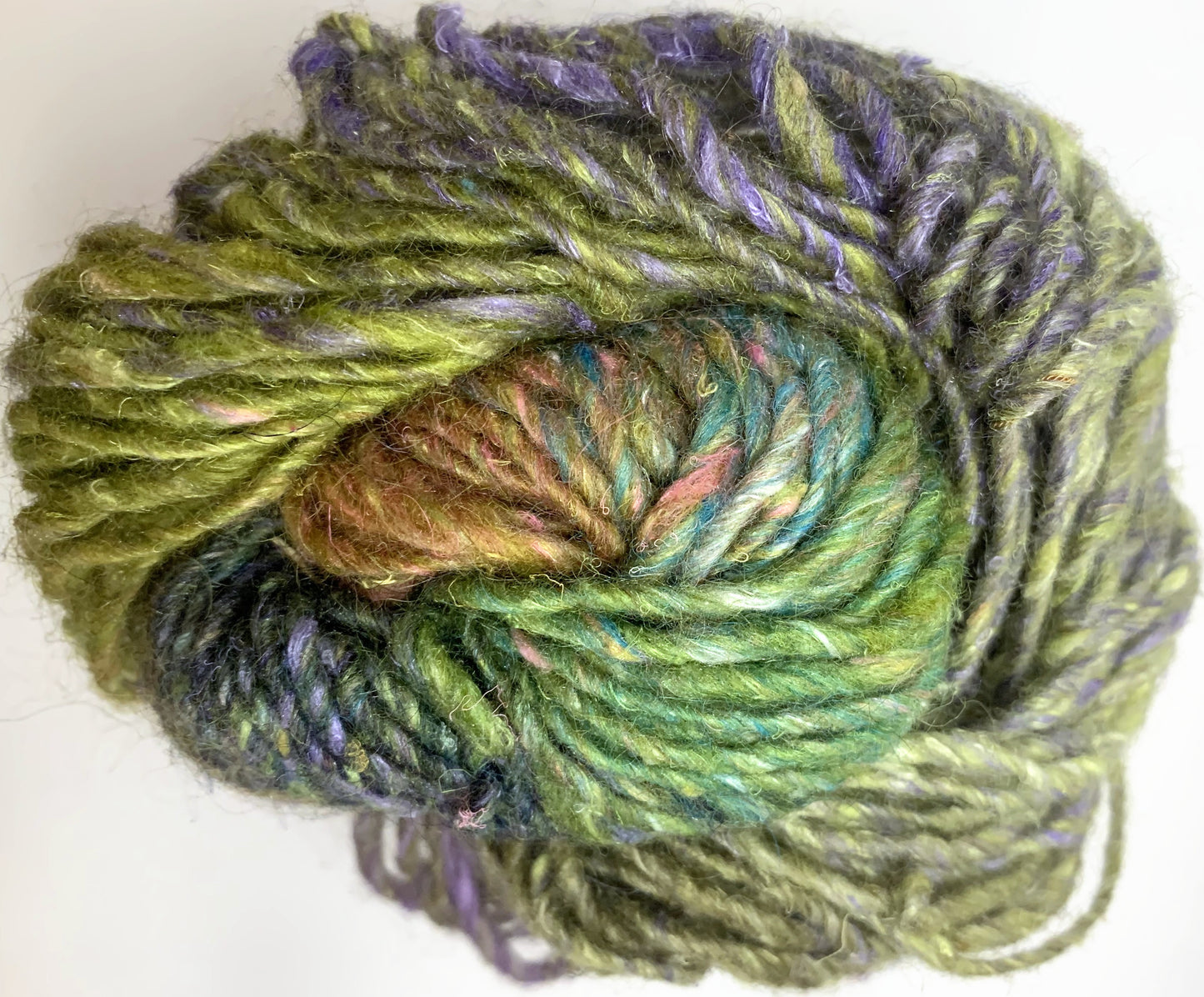 Noro Silk Garden 276 Lime, Brown, Purple & Turquoise — yarn texture close up