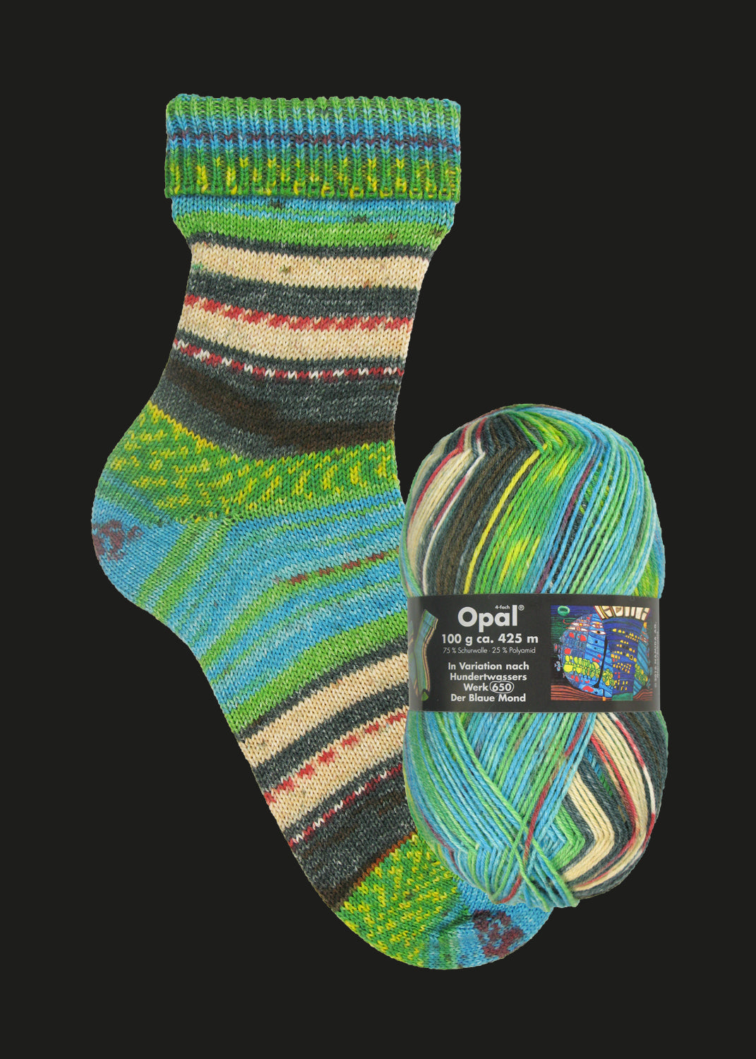 Opal Hundertwasser I 1432 Blue Moon – Der Blaue Mond sock yarn ball and knitted sock