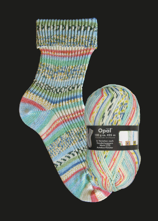 Opal Hundertwasser II 2101 Bus Window – Autobus-Fenster sock yarn ball and knitted sock