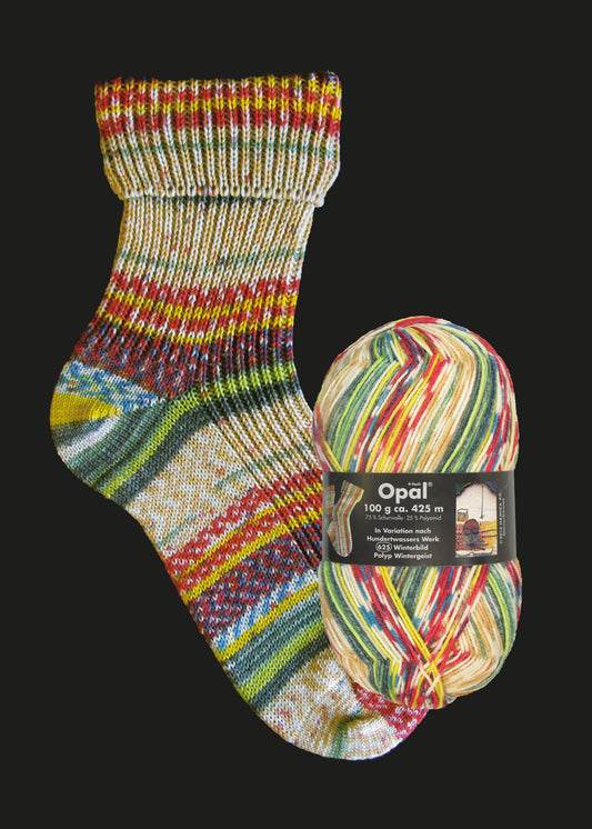 Opal Hundertwasser II 2104 Winter Picture, Polyp, Winter Spirit sock yarn ball and knitted sock