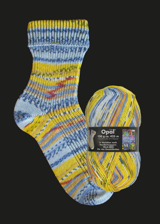 Opal Hundertwasser II 2105 The Four Solitudes – Die vier Einsamkeiten sock yarn ball and knitted sock