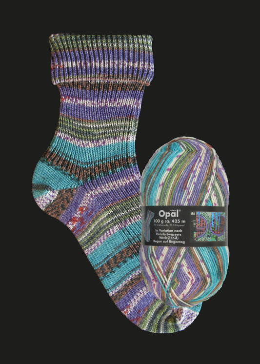 Opal Hundertwasser II 2106 Rain on Rainy Day – Regen auf Regentag sock yarn ball and knitted sock