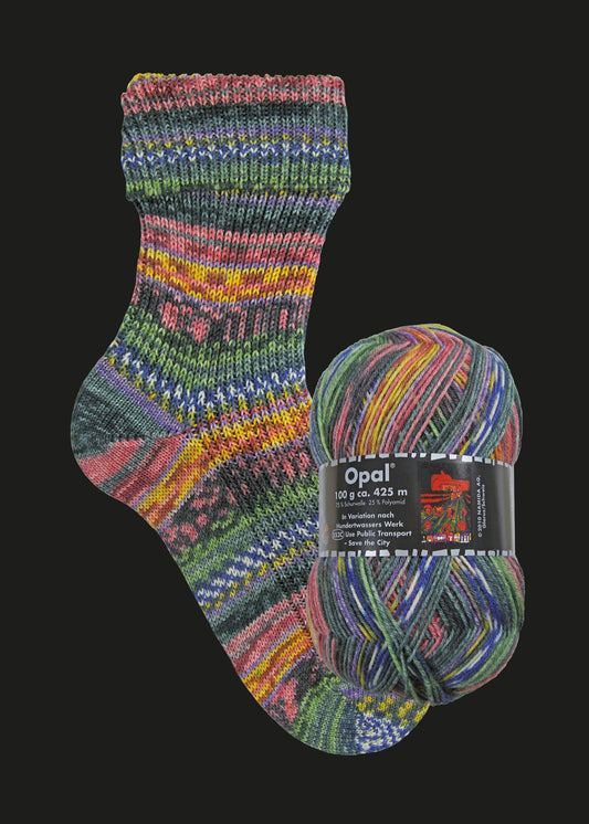Opal Hundertwasser III 3202 Use Public Transport - Save the City sock yarn ball and knitted sock