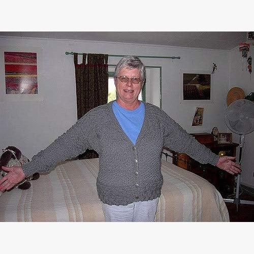 Scoop Neck Sweater knitting pattern 19Sw by Spincraft - finished gray textured cardigan with button front, worn
